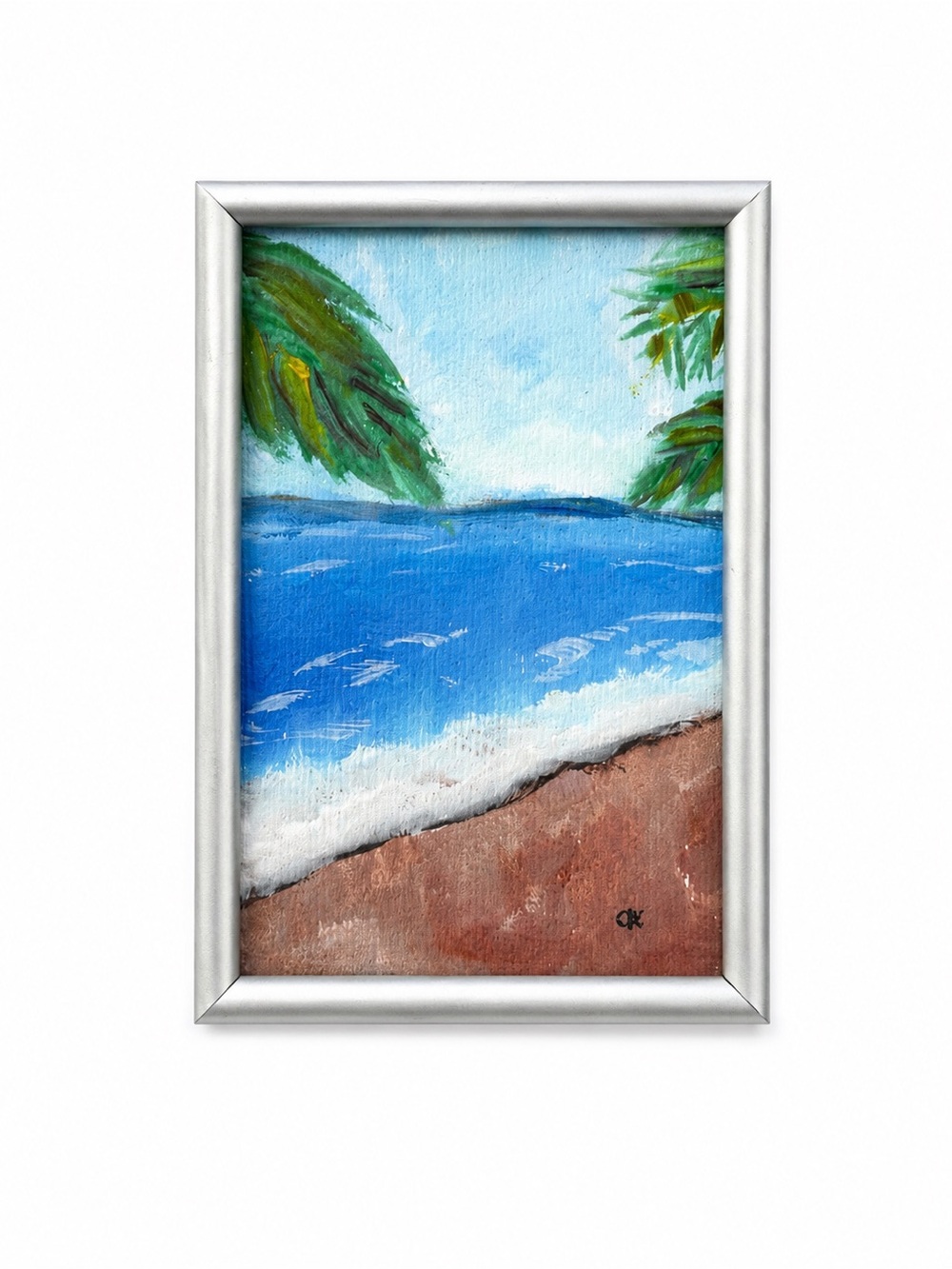 Original Signed Tropical Beach Watercolor Framed Under Glass 6.3” x 4.4”